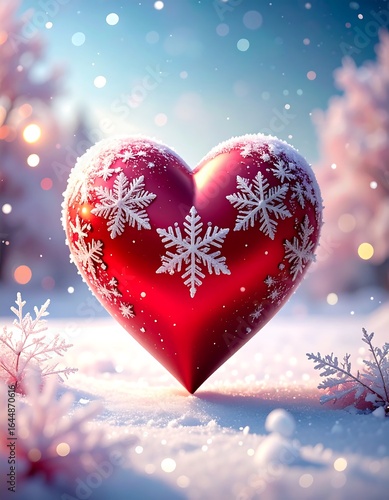 Heart adorned with snowflakes in winter scene