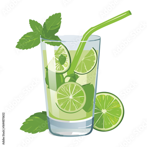 Glass of Mojito with Lime, Mint and a Striped Straw - Vector Illustration