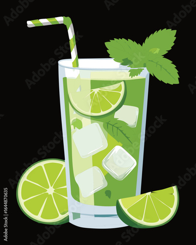 Mojito Drink with Ice Cubes, Lime and Mint - Vector Illustration
