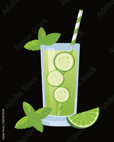 Fresh Iced Drink with Lime Slices and Mint Leaves - Vector Illustration