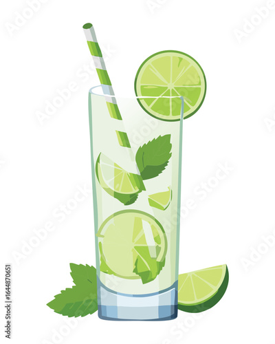 Refreshing Mojito Cocktail with Lime Slices and Mint - Vector Illustration