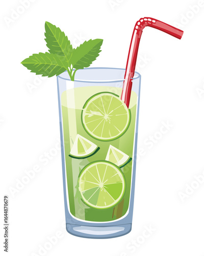 Glass of Mojito with Lime and Mint Leaves - Vector Illustration