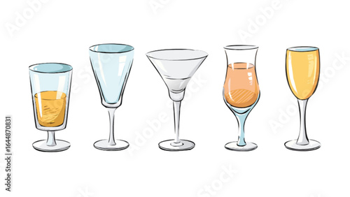 Assorted cocktail glasses illustration for barware collection and drinkware design, glassware and beverage art