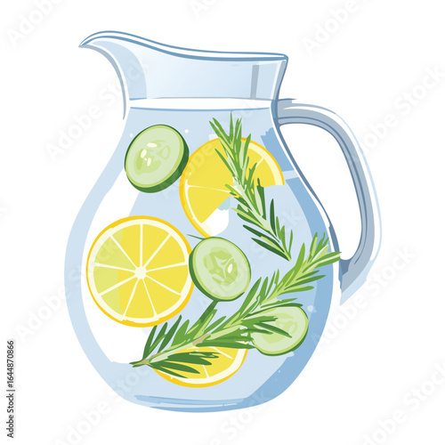 Pitcher of Water with Slices of Cucumber and Lemon - Vector Illustration
