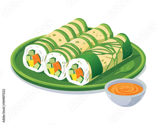 Plate of Fresh Spring Rolls with a Dipping Sauce - Vector Illustration