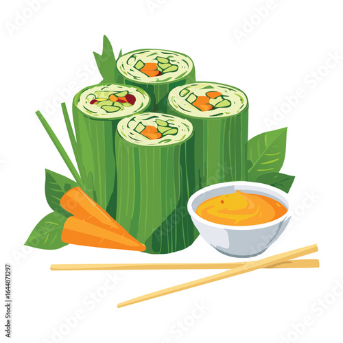 Fresh Spring Rolls with a Peanut Dipping Sauce - Vector Illustration