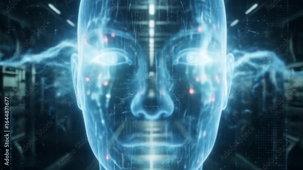 Futuristic AI Interface: Digital Humanoid Head with Electrical Energy in a Sci-Fi Setting Futuristic AI Interface: Digital Humanoid Head with Electrical Energy in a Sci-Fi Setting