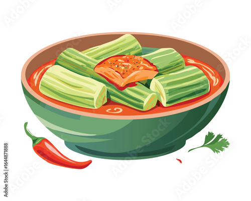 A Bowl of Noodles with Cucumbers and Tomato Slices - Vector Illustration
