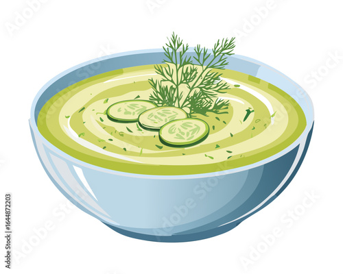 A Bowl of Cucumber Soup with Dill Garnish - Vector Illustration