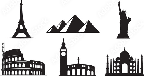 World Landmarks Silhouette Collection Eiffel Tower Pyramids Statue of Liberty Colosseum Big Ben
