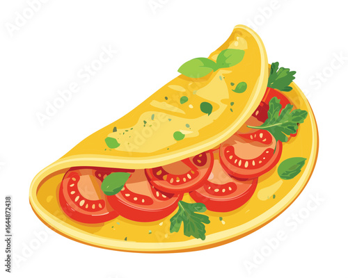 Healthy Omelette with Tomatoes and Basil Garnish - Vector Illustration