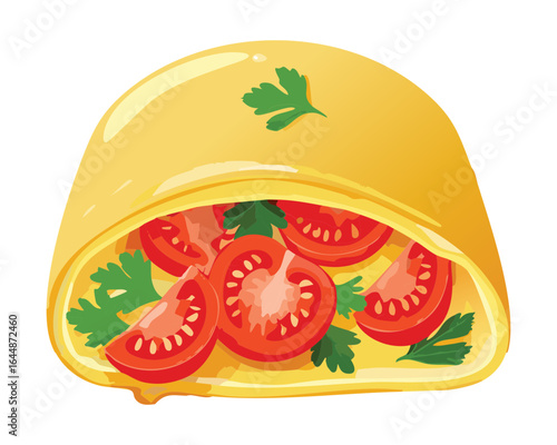 A Golden Omelette Filled with Fresh Tomatoes - Vector Illustration