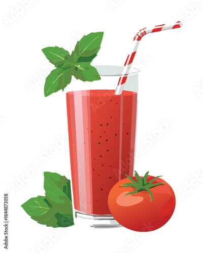 Fresh Tomato Juice with Mint Garnish in a Tall Glass - Vector Illustration