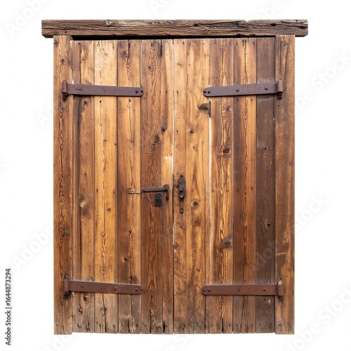 Rustic double wooden doors with aged patina, iron hinges, and a simple lock