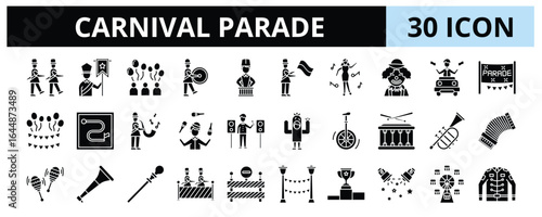 30 Carnival Parade Glyph Icons Vector - Parade, Marching Band, Drum, Clown, Uniform, Dancer, Parade Balloon