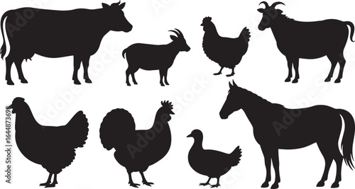 Farm Animals Silhouette Collection Cow Goat Chicken Horse Rooster Duck Livestock