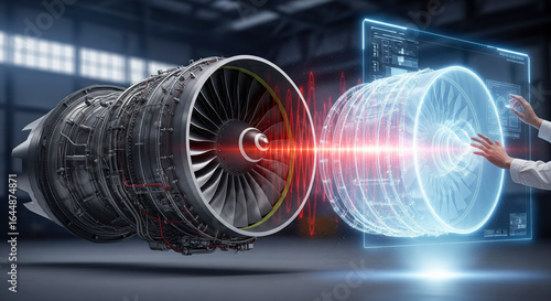 Engineer using augmented reality to analyze a jet engine with a holographic interface. Aerospace technology and innovation in manufacturing and maintenance concept