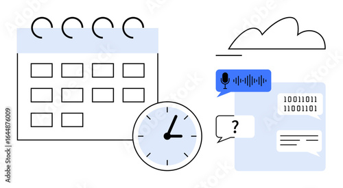 Calendar, clock, cloud, voice message, chat bubble, and binary code illustrate scheduling, time tracking, cloud storage AI collaboration and task management. Ideal for productivity planning