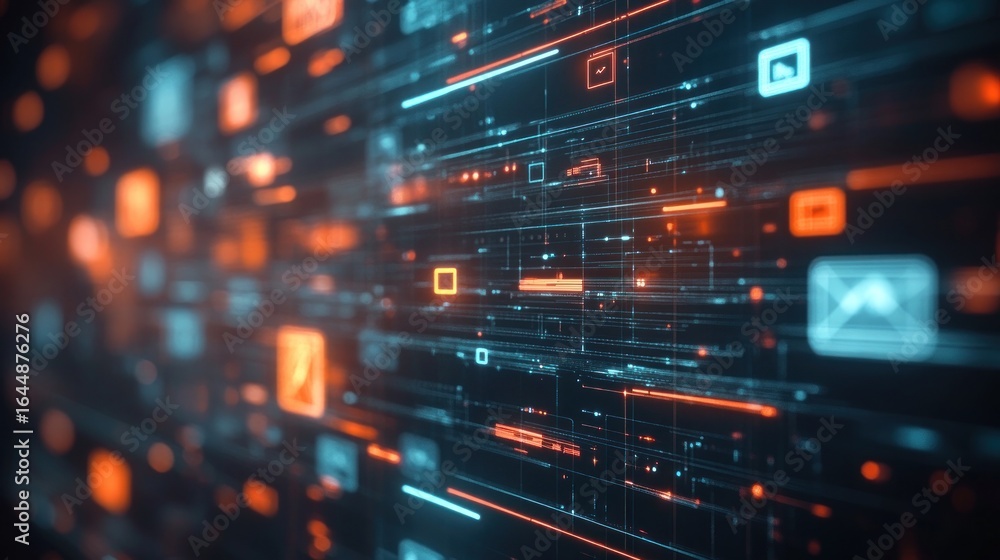 Abstract digital network interface with glowing icons. Abstract digital network interface with glowing icons.