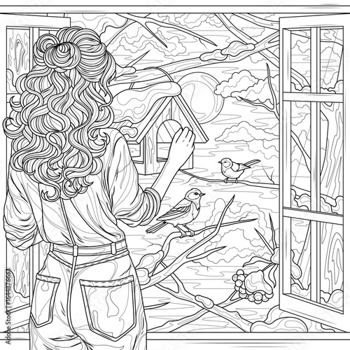 A girl feeds birds by the window.Coloring book antistress for children and adults. 