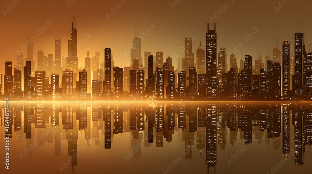 Obraz premium City skyline at twilight, reflected in tranquil water.