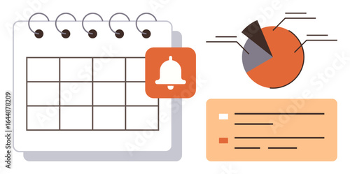 Calendar with planner grid, alert notification bell, pie chart, and task checklist. Ideal for productivity, project tracking, task management, organization, work planning time management simple