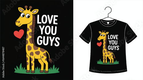 Cute Cartoon Giraffe with Heart and Text Love You Guys on Black and White Backgrounds animal