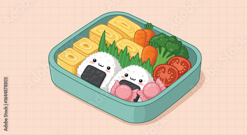 Kawaii Bento Box with Rice Balls, Tamago, Vegetables, and Cute Faces