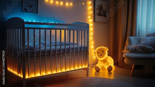 Softly glowing baby crib with built in LED lights for nighttime comfort on room background