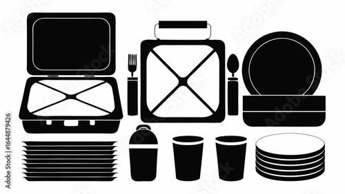 A collection of black and white picnic items including containers plates cups and utensils displayed silhouette