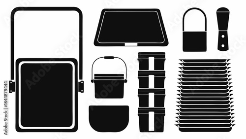 Silhouette illustration of camping equipment including containers plates and cooking tools set up for outdoor use