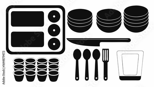 Illustration of a cafeteria tray with compartments, plates, cups, knife, spoons, and a spatula design silhouette
