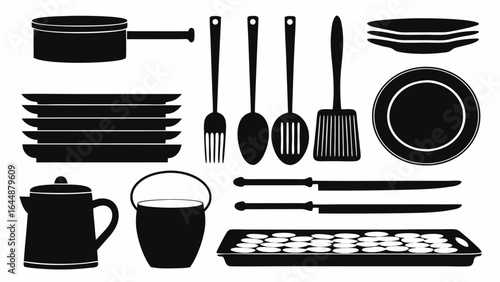 Illustration of various kitchen utensils and cookware including plates and cooking tools set up nicely silhouette
