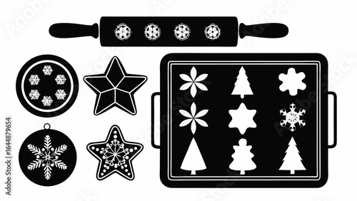 Illustration of christmas themed cookie cutters with a rolling pin and a baking tray present silhouette