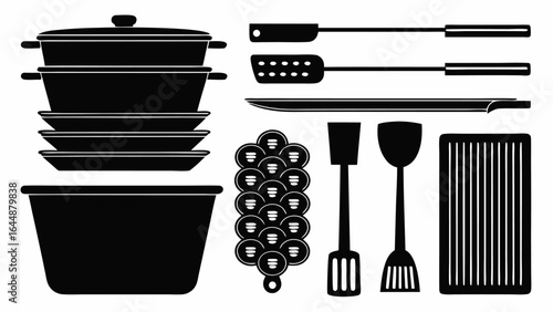 Illustration of stacked cookware and kitchen utensils including pots pans and spatulas in black and white silhouette