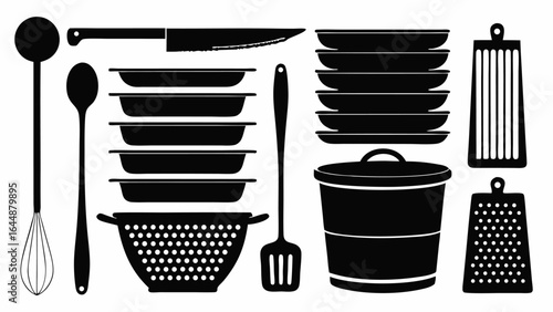 Illustration of various kitchen utensils including a knife, plates, and cooking pots and graters silhouette