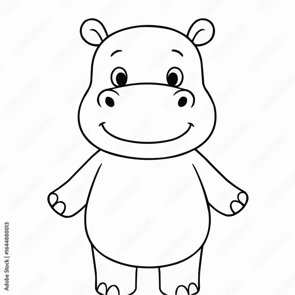 Fototapeta premium Coloring page for kids - Cartoon hippo character smiling and standing with arms outstretched 