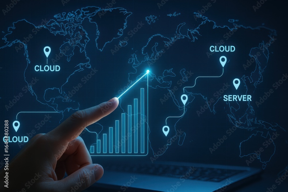 Naklejka premium Global Cloud Infrastructure Interface with Server Locations and Data Flow Visualization 