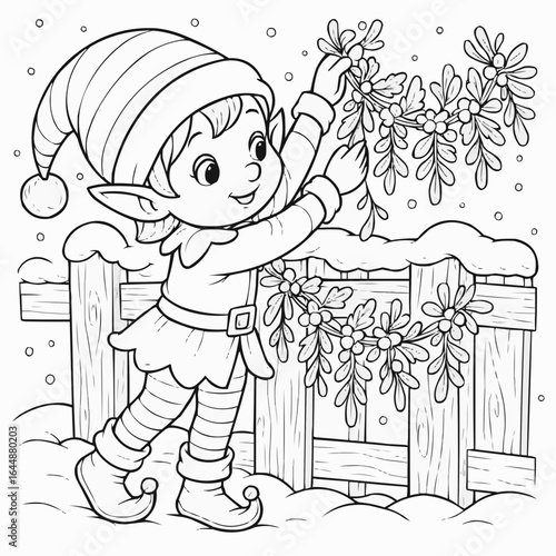 Coloring page for kids - Happy elf hanging mistletoe on fence in snowy winter scene  