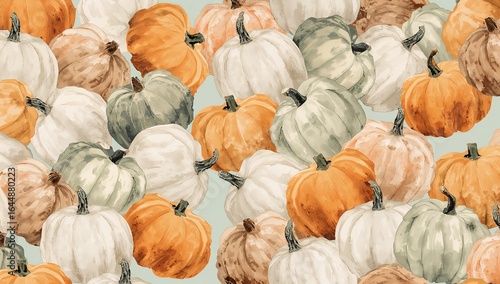Watercolor illustration of assorted pumpkins in various colors creating a pattern for fall harvest