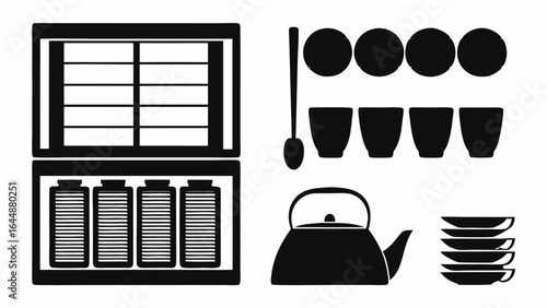 Illustration of tea set with teapot cups saucers spoon and tea box in black and white minimalist style silhouette