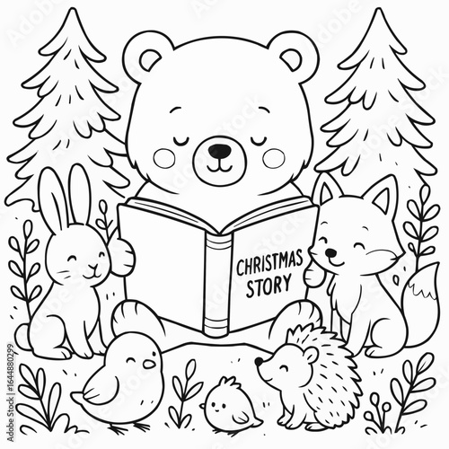 Coloring page for kids - Cute bear reading Christmas story to forest animals in winter scene  