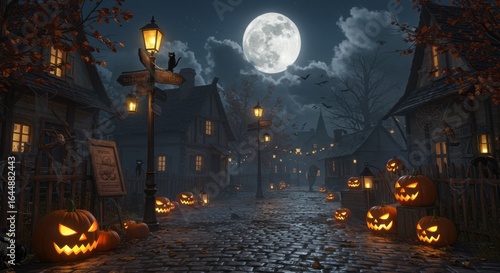 A spooky medieval village street decorated with glowing jack-o'-lanterns under a full moon for Halloween.