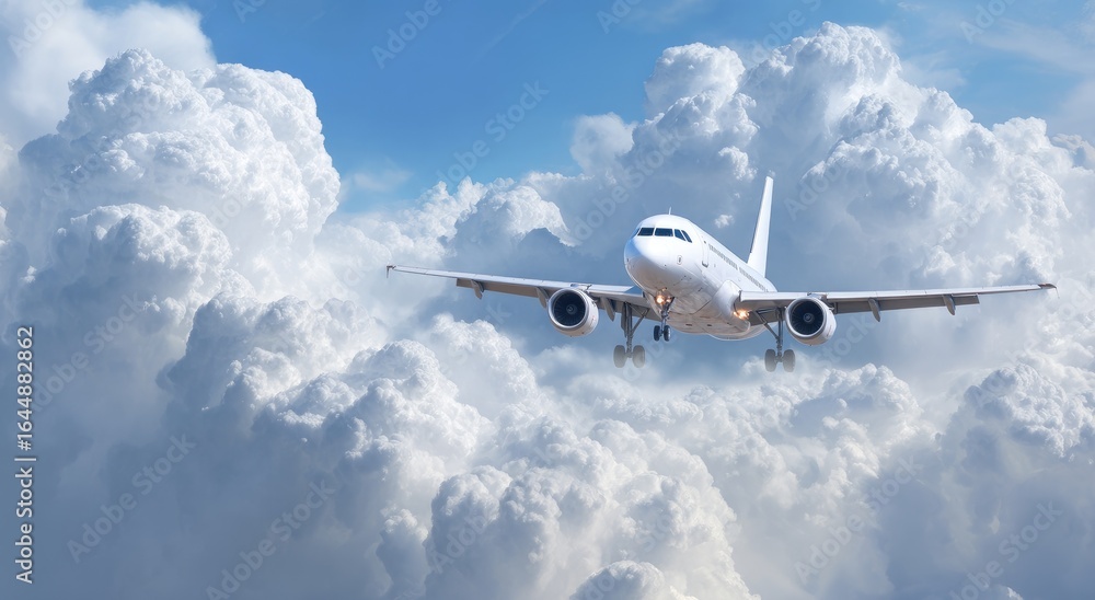 Obraz premium White jet plane soaring through fluffy clouds