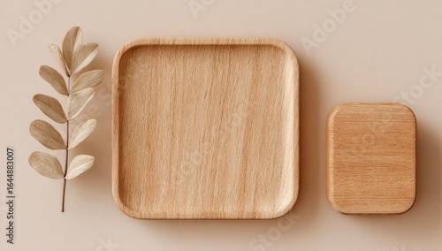 Flatlay of a large and small square wooden tray, and a sprig of dried beige eucalyptus on a neutral background