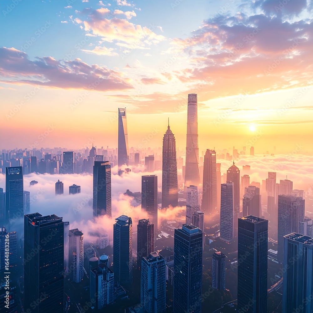 Fototapeta premium Sunrise cityscape with skyscrapers emerging from a low-lying fog