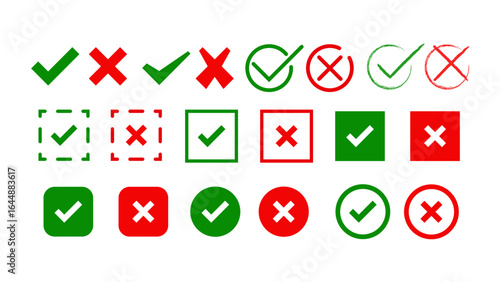 Collection of green check marks and red cross icons in various styles for correct and incorrect indications.