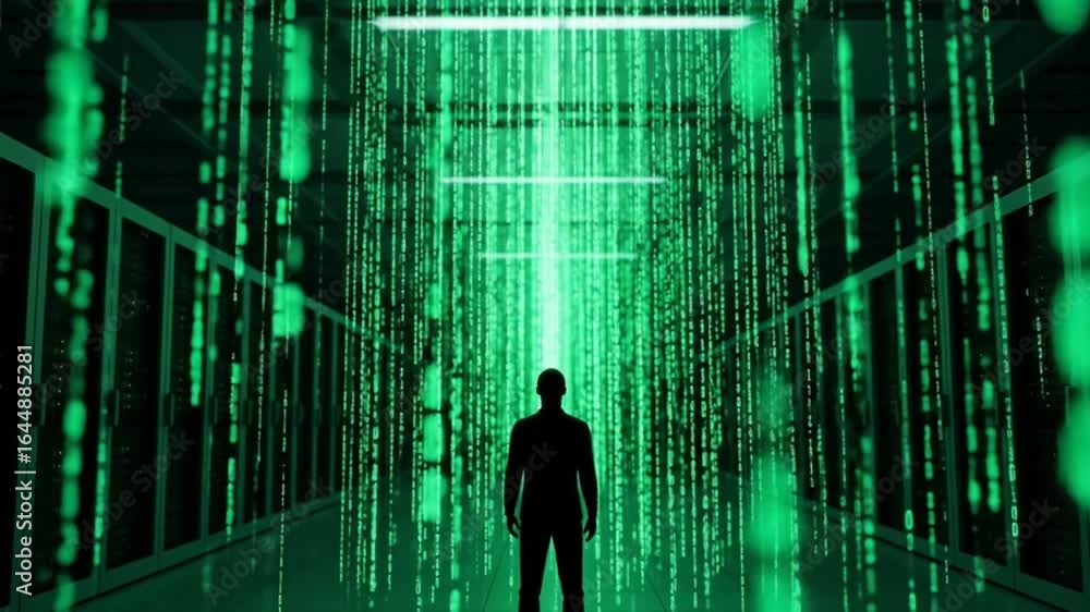 Man in Data Center with Cascading Green Binary Code and Server Racks Man in Data Center with Cascading Green Binary Code and Server Racks