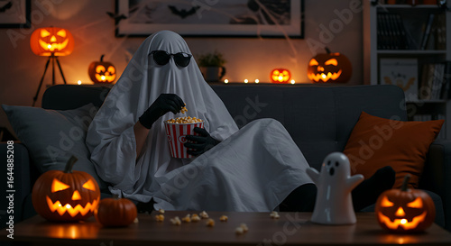 A ghost in sunglasses enjoys popcorn while watching a movie at home during a halloween celebration