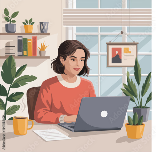 Woman working on laptop at desk in bright room with plants and shelves in background at home office